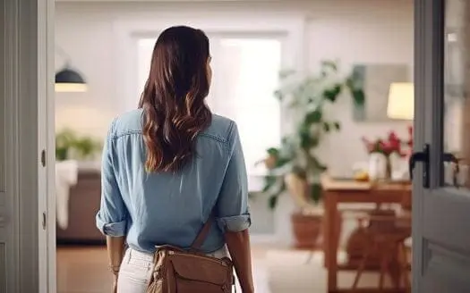 Une femme portant une chemise bleue visite un appartement à Marseille