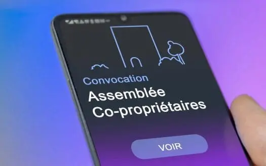 Smartphone avec la notification de convocation de l'assemblée des copropriétaires à l'écran.